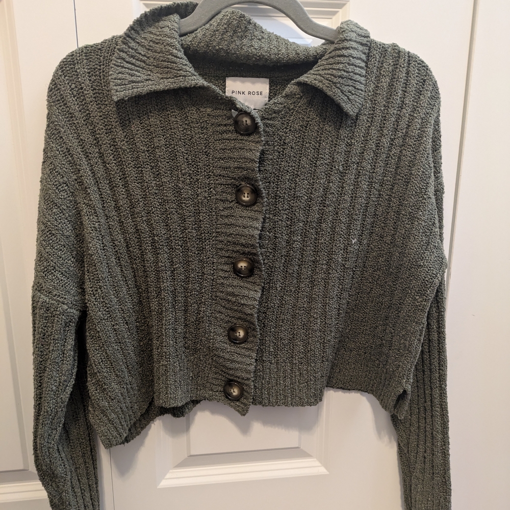 Pink Rose Women's Ribbed Knit Cardigan - Forest Green
